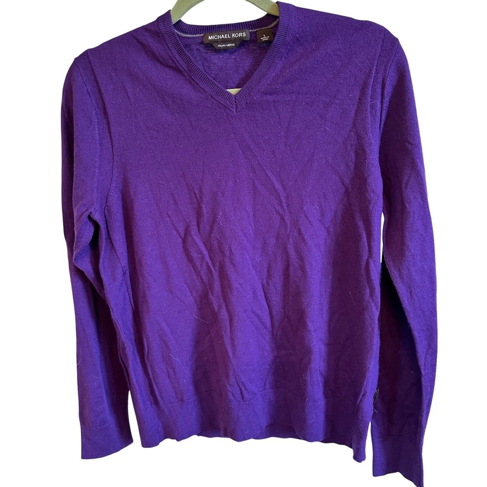 Michael Kors Mens Purple Italian Merino Wool V-Neck‎ Sweater Size L Fine Knit